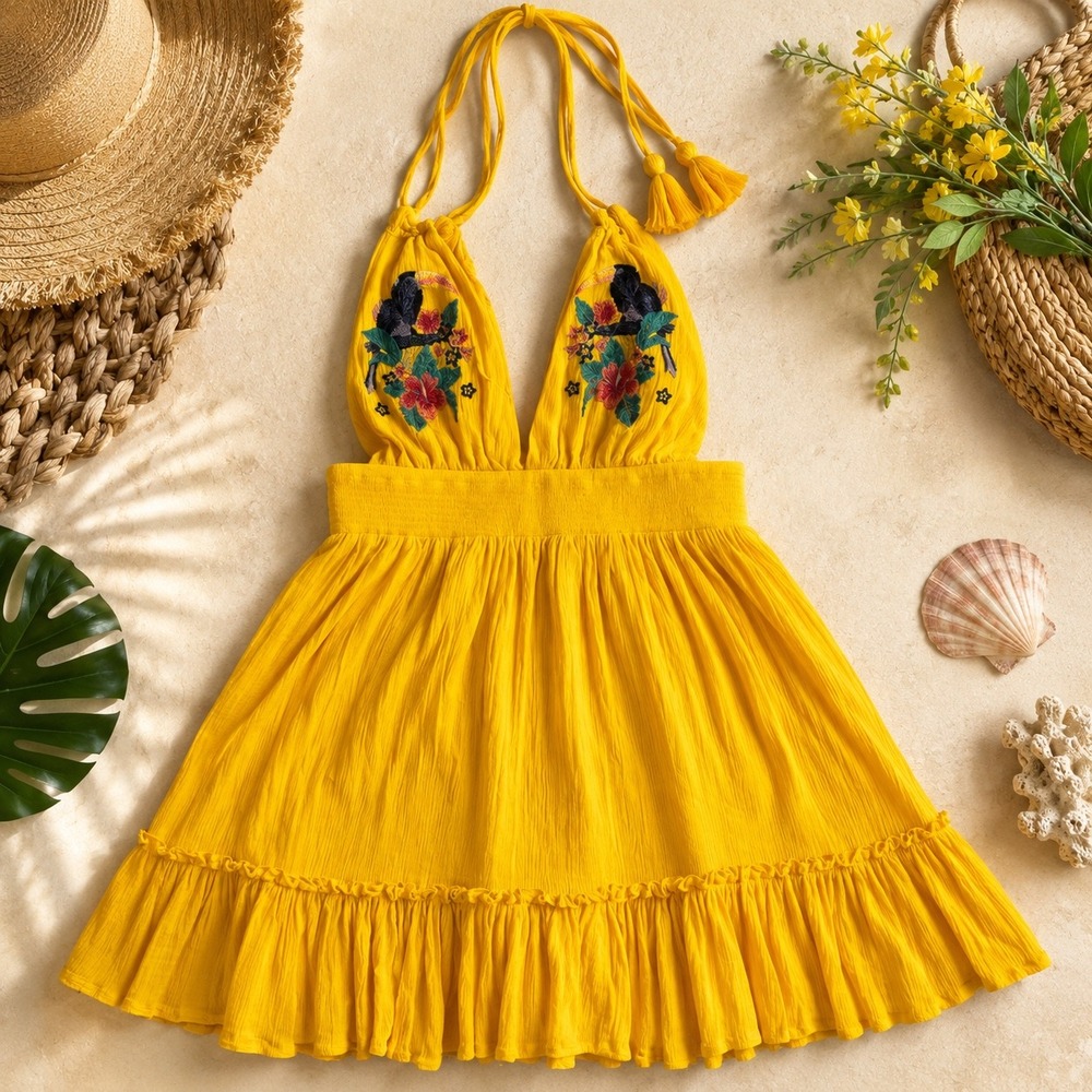 Forever 21 Yellow Embroidered Halter Mini Dress Floral Bird Tassel Large - Picture 2 of 11
